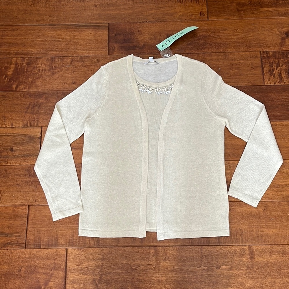 Notations Layer Sweater Size PM Plus Ivory Cream Metallic Rhinestones New